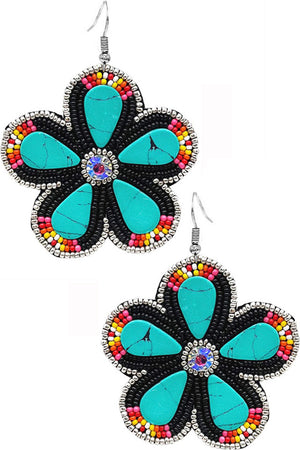 RHINESTONE GEMSTONE SEED BEADS FLOWER EARRING