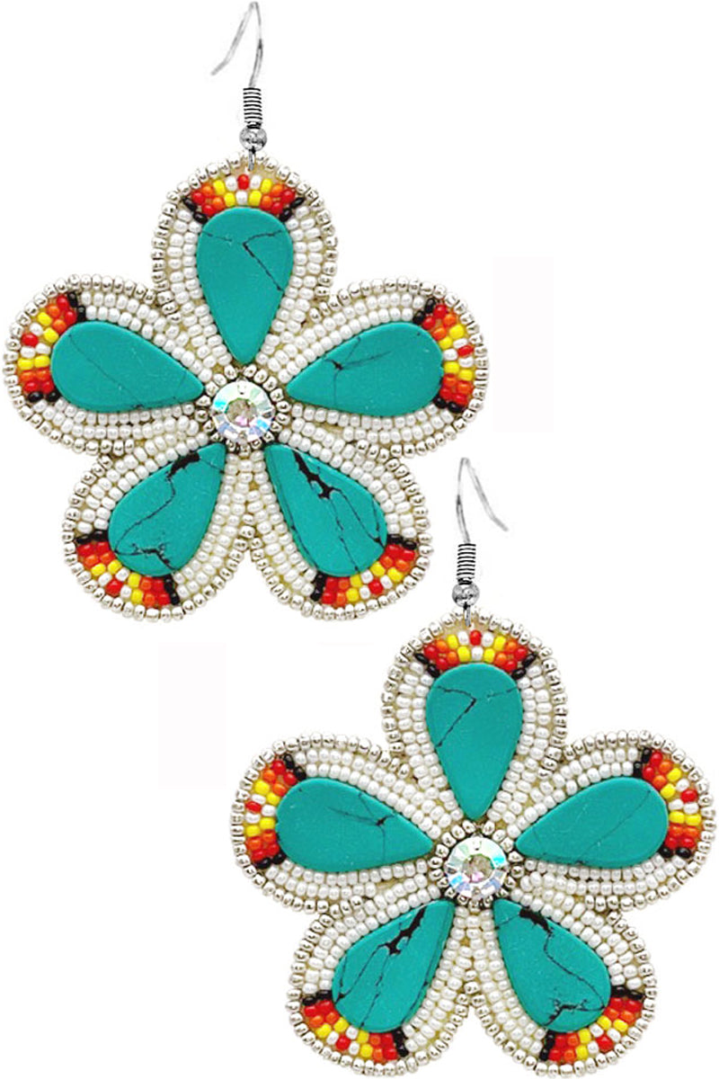 RHINESTONE GEMSTONE SEED BEADS FLOWER EARRING