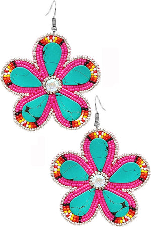 RHINESTONE GEMSTONE SEED BEADS FLOWER EARRING