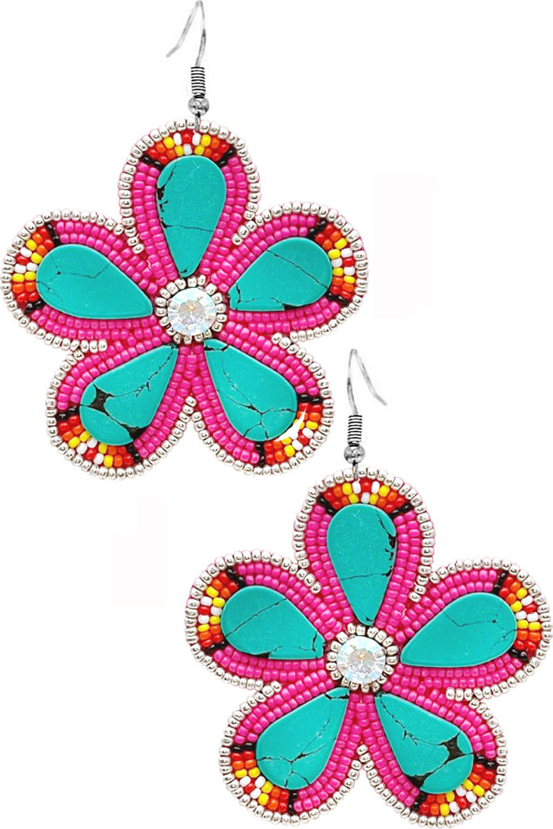 RHINESTONE GEMSTONE SEED BEADS FLOWER EARRING