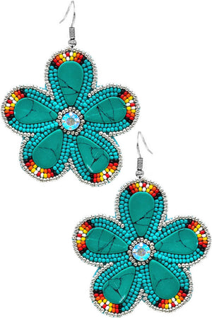 RHINESTONE GEMSTONE SEED BEADS FLOWER EARRING