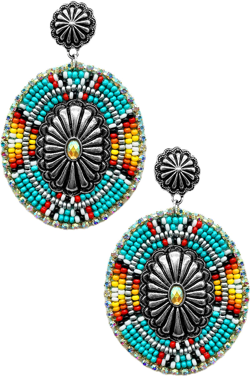 WESTERN RHINESTONE CONCHO FLOWER SEED BEAD EARRING