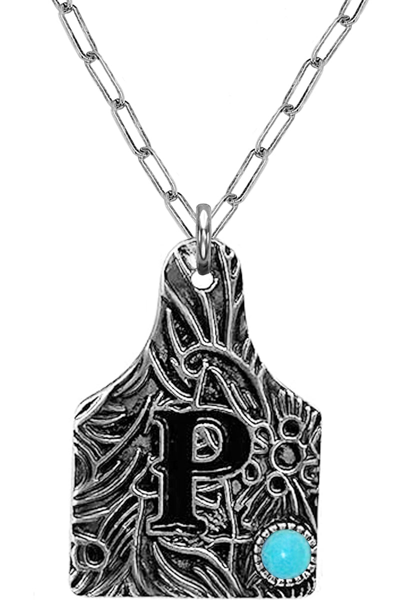 WESTERN PAISLEY GEMSTONE MONOGRAM CATTLE TAG NECKLACE