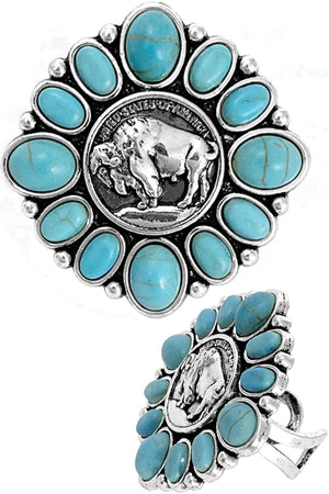 WESTERN BUFFALO COIN GEMSTONE FLEXIBLE CUFF RING