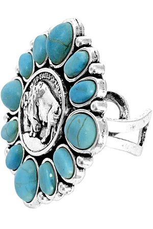 WESTERN BUFFALO COIN GEMSTONE FLEXIBLE CUFF RING