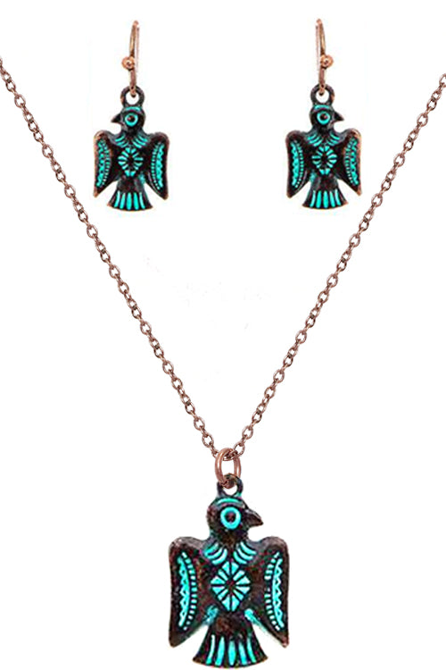WESTERN STYLE AZTEC TEXTURED THUNDERBIRD PENDANT LOBSTER CLUSTER SHORT NECKLACE EARRING SET