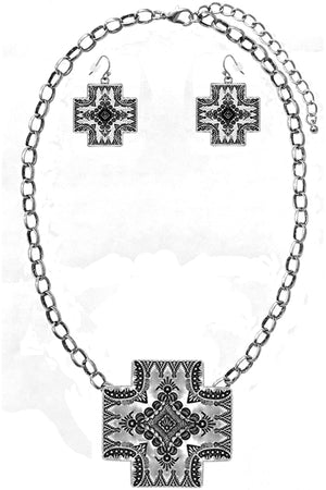 WESTERN CONCHO AZTEC CROSS PENDANT CHAIN NECKLACE SET