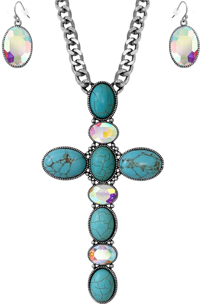 WESTERN STYLE DOT TEXTURED RHINESTONE GEMSTONE MIX CROSS PENDANT LOBSTER CLUSTER LONG CHAIN NECKLACE EARRING SET