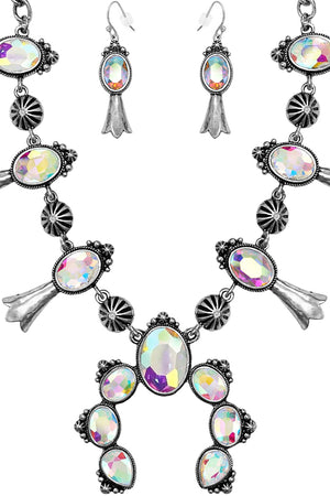 WESTERN STYLE TEXTURED GLASS CRYSTAL MIX SQUASH BLOSSOM CASTING LOBSTER CLUSTER CHAIN NECKLACE EARRING SET