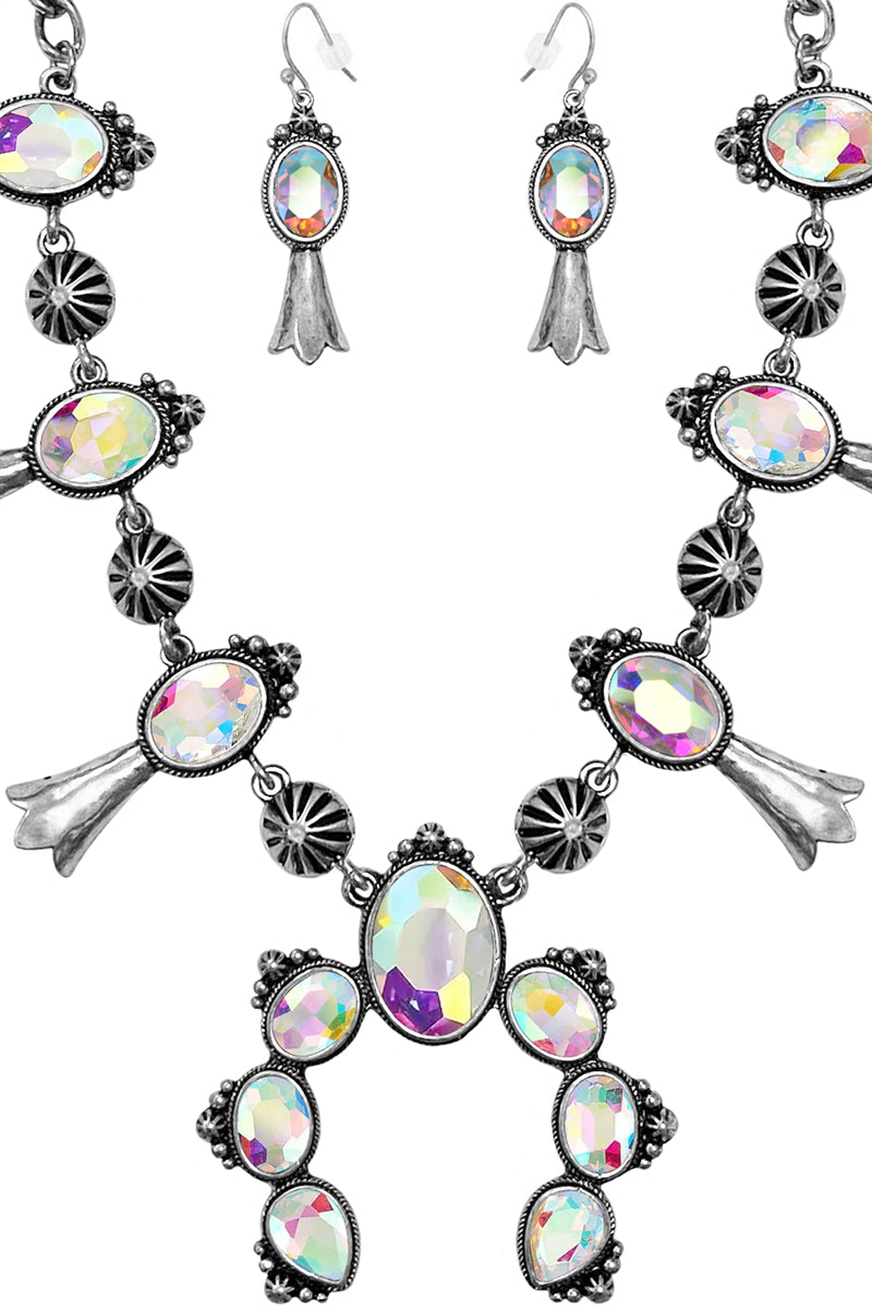 WESTERN STYLE TEXTURED GLASS CRYSTAL MIX SQUASH BLOSSOM CASTING LOBSTER CLUSTER CHAIN NECKLACE EARRING SET