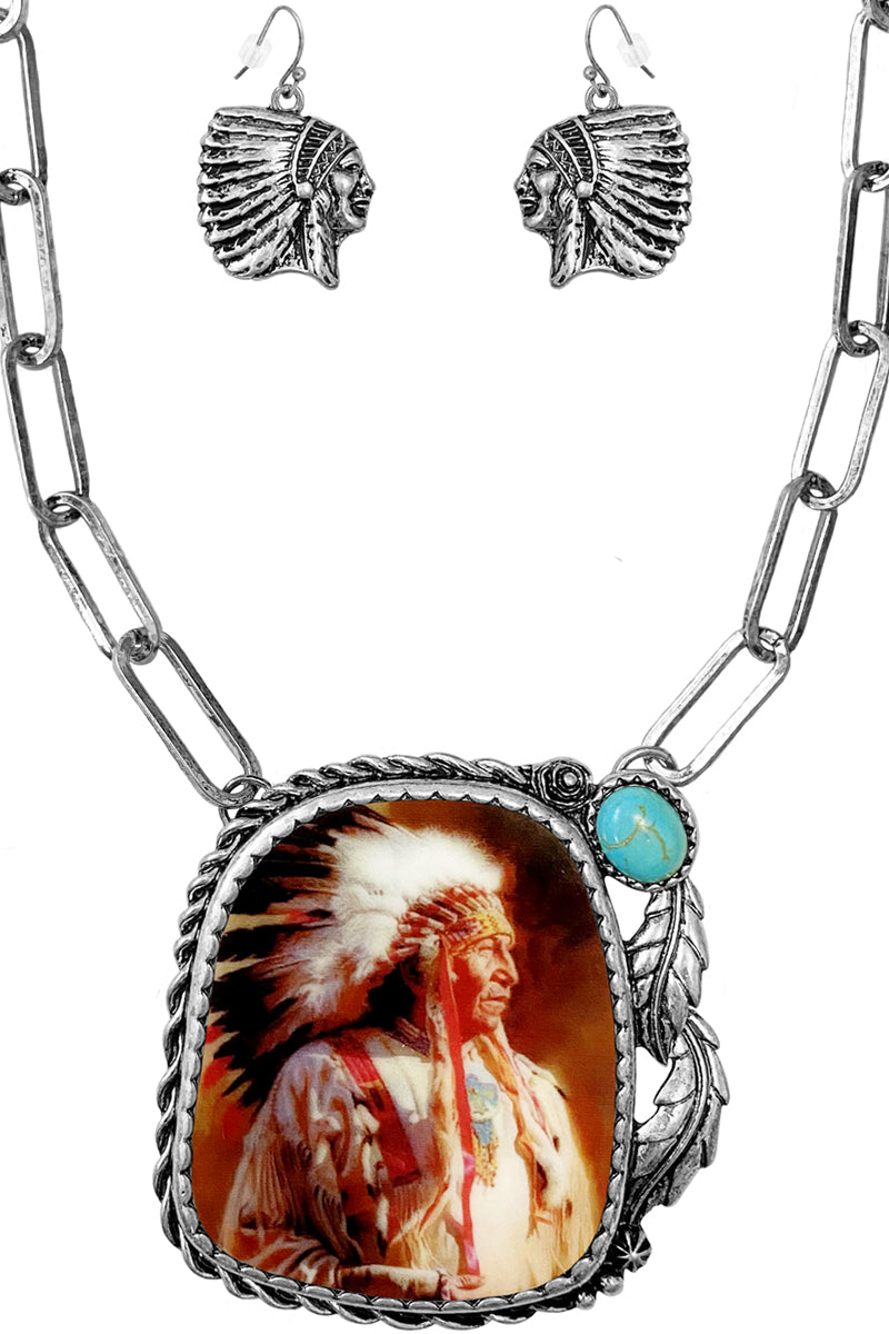 WESTERN CONCHO STYLE CABLE TEXTURED GEMSTONE INDIAN CHIEF PRINTED PENDANT LOBSTER CLUSTER CLIP CHAIN NECKLACE EARRING SET
