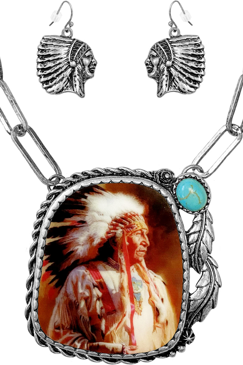 WESTERN CONCHO STYLE CABLE TEXTURED GEMSTONE INDIAN CHIEF PRINTED PENDANT LOBSTER CLUSTER CLIP CHAIN NECKLACE EARRING SET