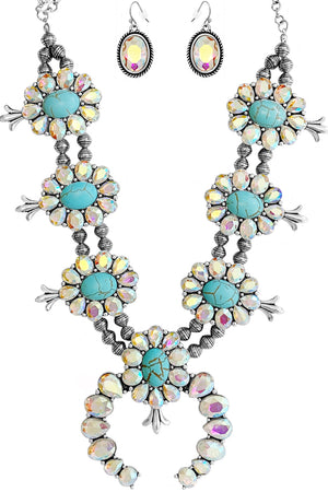 WESTERN RHINESTONE TQ SQUASH BLOSSOM STATEMENT NECKLACE SET