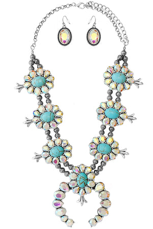 WESTERN RHINESTONE TQ SQUASH BLOSSOM STATEMENT NECKLACE SET