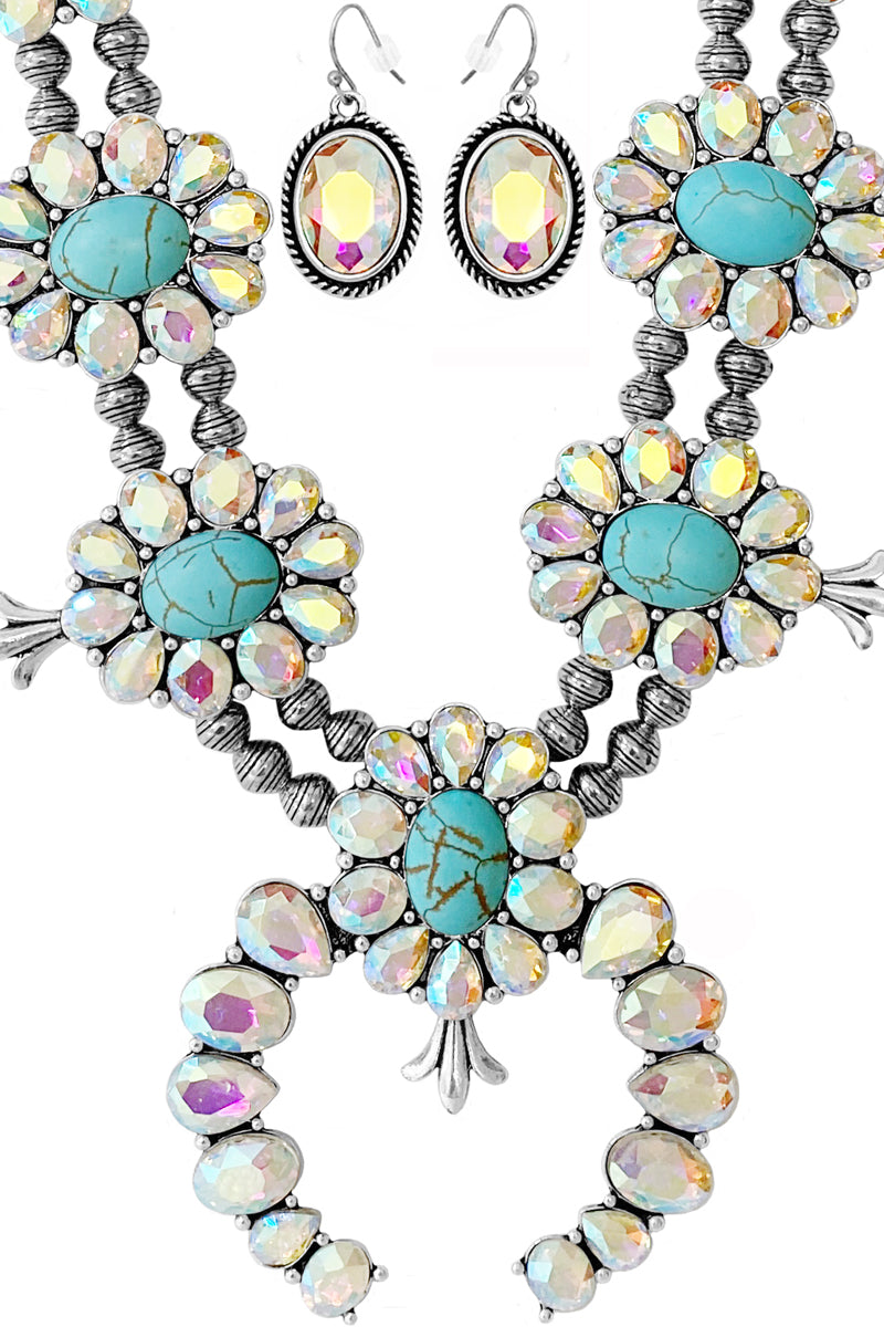 WESTERN RHINESTONE TQ SQUASH BLOSSOM STATEMENT NECKLACE SET