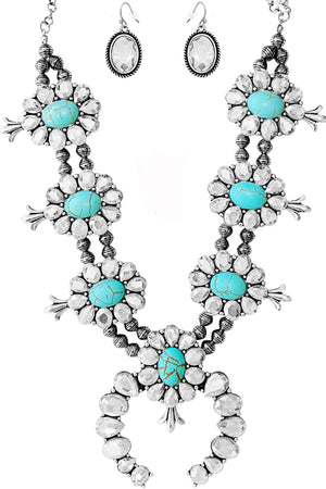 WESTERN RHINESTONE TQ SQUASH BLOSSOM STATEMENT NECKLACE SET