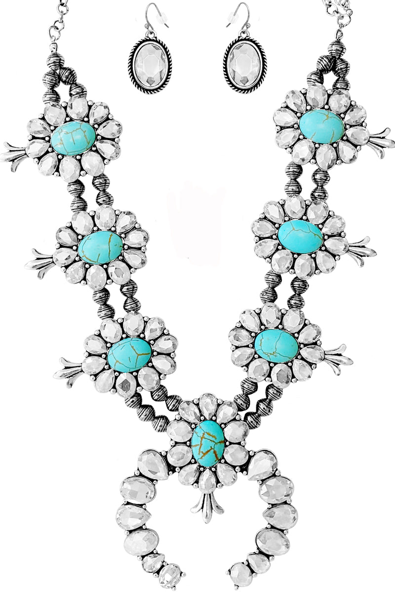 WESTERN RHINESTONE TQ SQUASH BLOSSOM STATEMENT NECKLACE SET