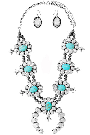 WESTERN RHINESTONE TQ SQUASH BLOSSOM STATEMENT NECKLACE SET