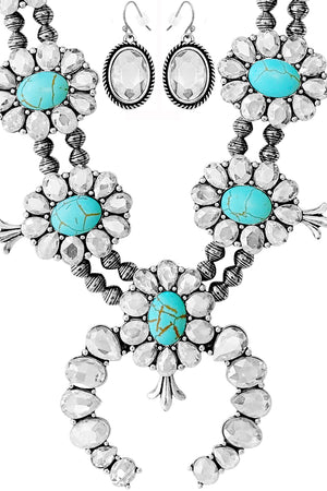 WESTERN RHINESTONE TQ SQUASH BLOSSOM STATEMENT NECKLACE SET