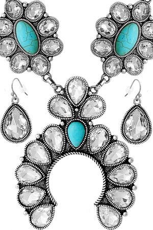 WESTERN STYLE CABLE TEXTURED RHINESTONE GEMSTONE CONCHO FLOWER SQUASH BLOSSOM LOBSTER CLUSTER STATEMENT LONG CHAIN NECKLACE EARRING SET