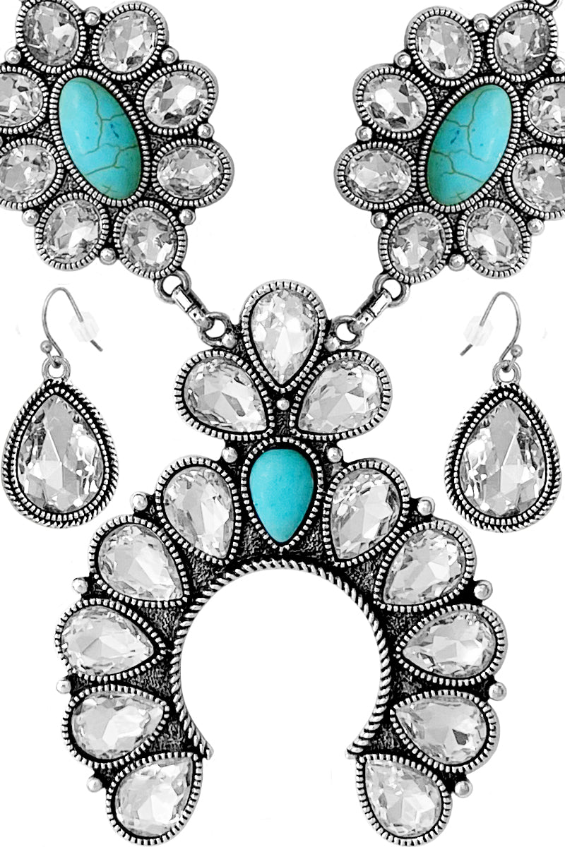 WESTERN STYLE CABLE TEXTURED RHINESTONE GEMSTONE CONCHO FLOWER SQUASH BLOSSOM LOBSTER CLUSTER STATEMENT LONG CHAIN NECKLACE EARRING SET