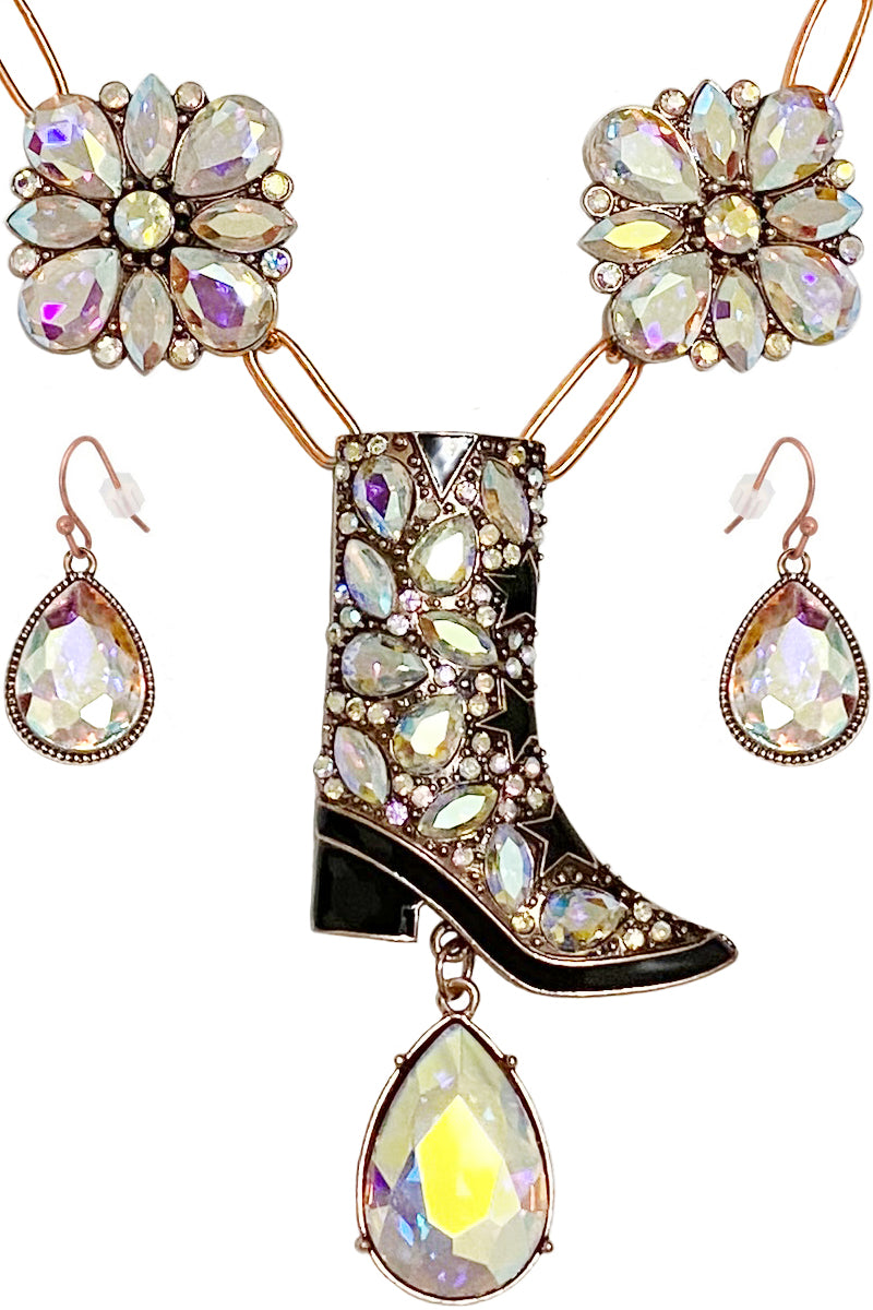 RHINESTONE WESTERN BOOTS TEARDROP CHARM PENDANT LOBSTER CLUSTER CONCHO FLOWER CLIP CHAIN SHORT NECKLACE EARRING SET