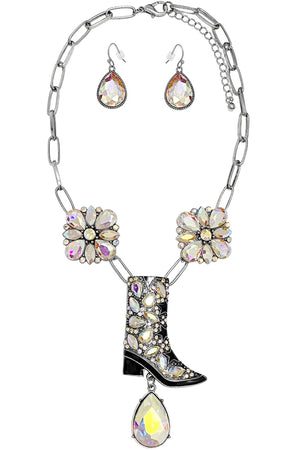 RHINESTONE WESTERN BOOTS TEARDROP CHARM PENDANT LOBSTER CLUSTER CONCHO FLOWER CLIP CHAIN SHORT NECKLACE EARRING SET