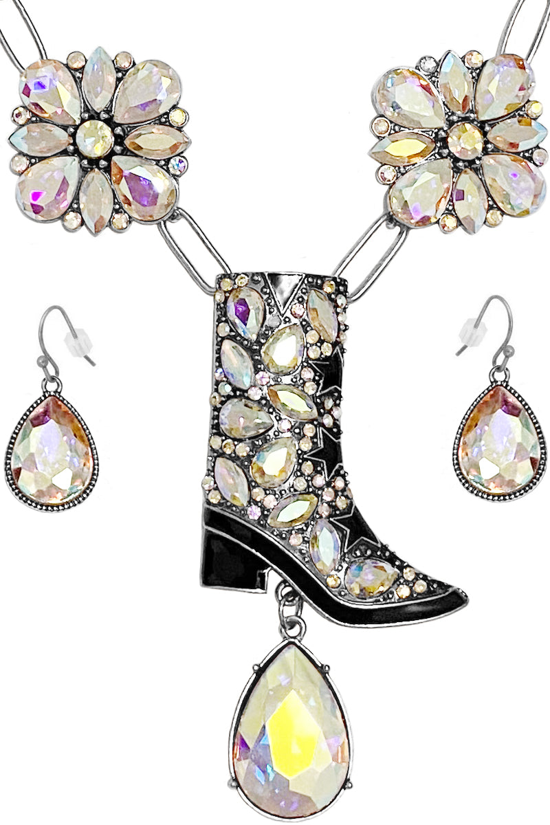 RHINESTONE WESTERN BOOTS TEARDROP CHARM PENDANT LOBSTER CLUSTER CONCHO FLOWER CLIP CHAIN SHORT NECKLACE EARRING SET