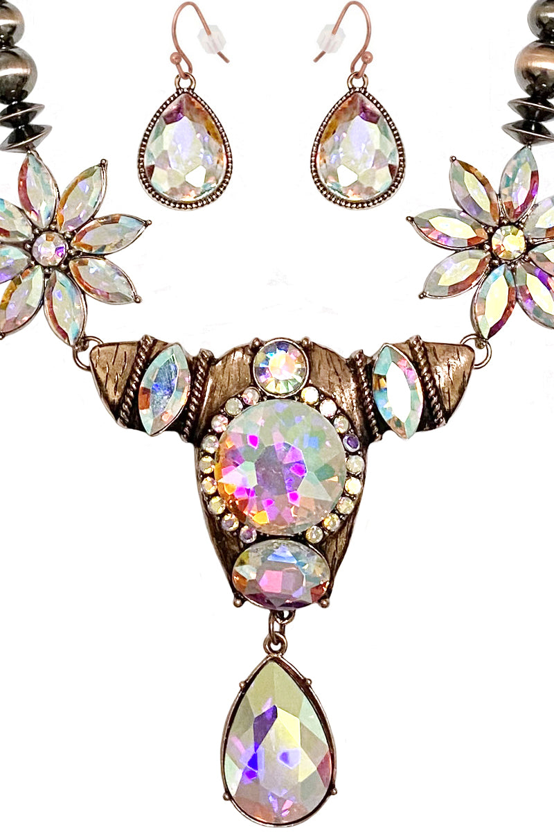 WESTERN STYLE CABLE TEXTURE RHINESTONE COW TEARDROP CHARM PENDANT LOBSTER CLUSTER CONCHO FLOWER CLIP CHAIN SHORT NECKLACE EARRING SET
