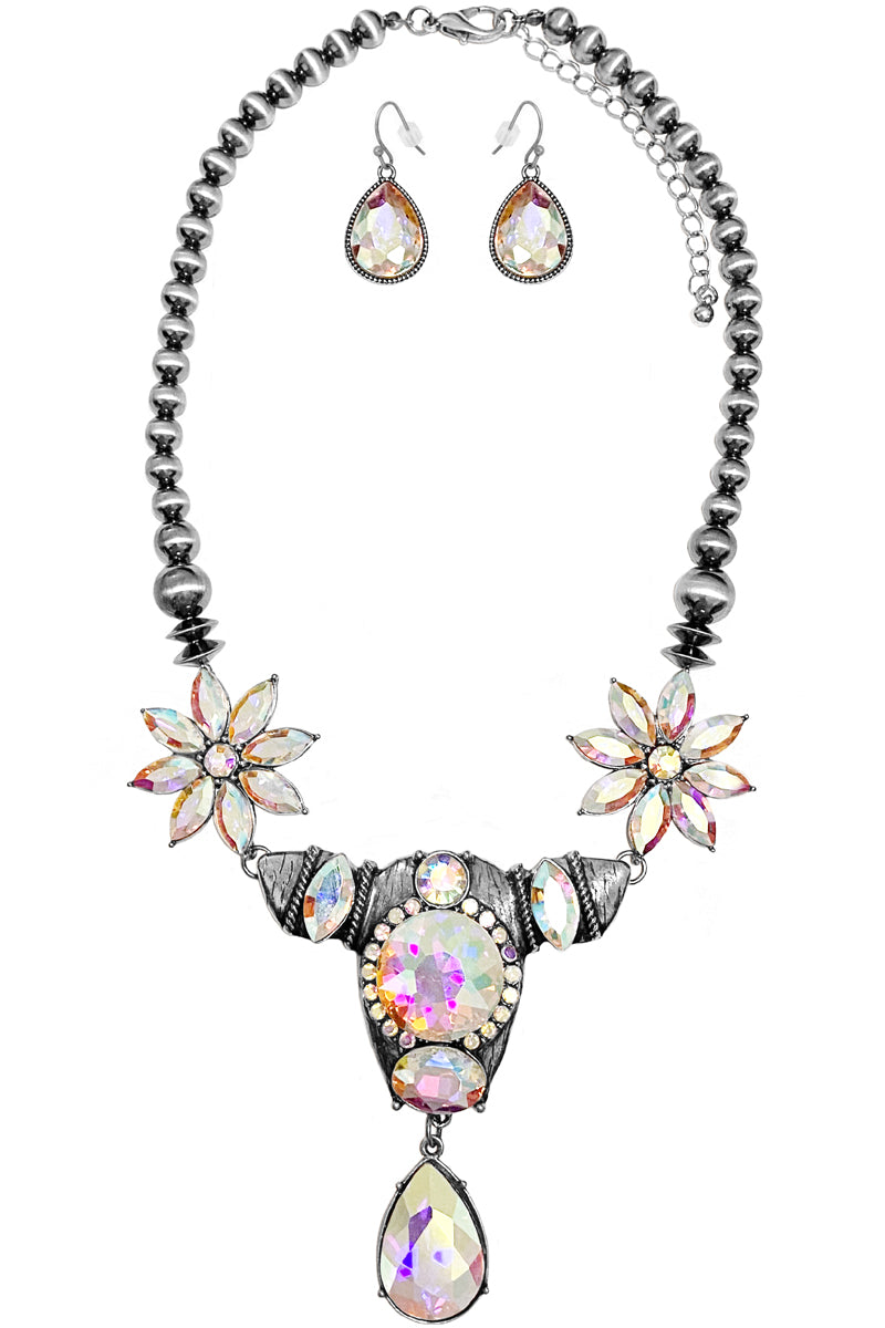 WESTERN STYLE CABLE TEXTURE RHINESTONE COW TEARDROP CHARM PENDANT LOBSTER CLUSTER CONCHO FLOWER CLIP CHAIN SHORT NECKLACE EARRING SET