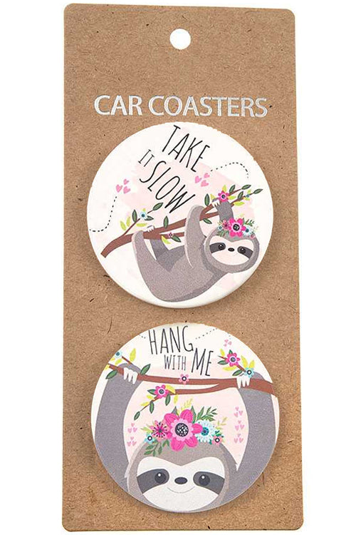 SLOTH ON TREE HANG WITH ME MESSAGE PRINT DRINK CAR COASTER