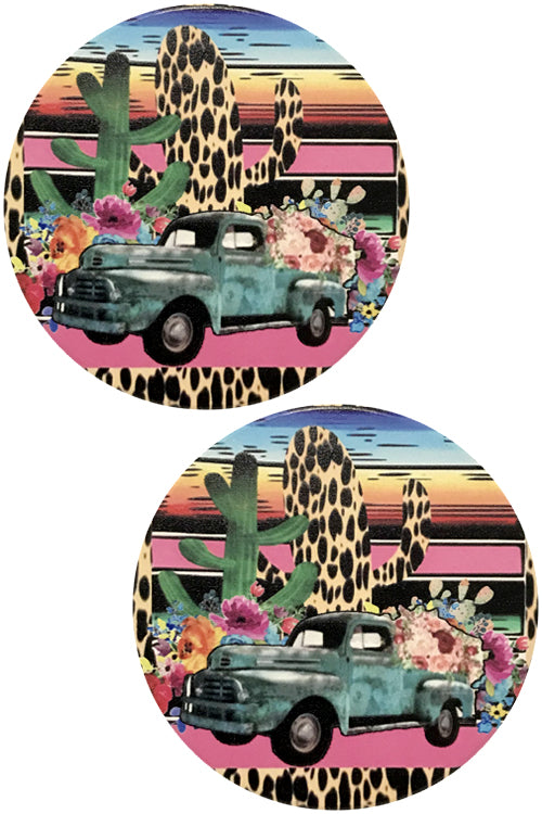 CACTUS BACKGROUND GYPSY TRUCK PRINT DRINK CAR COASTER