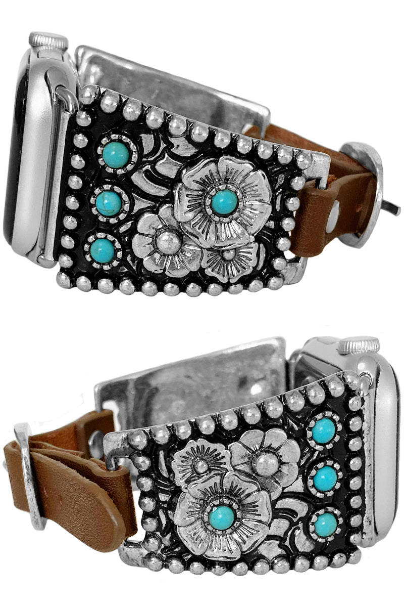 WESTERN  FLOWER GEMSTONE LEATHER APPLE WATCH BAND