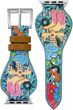 WESTERN BOOTS THUNDERBIRD FLOWER HORSE PRINTED FAUX LEATHER BUCKLE APPLE WATCH BAND