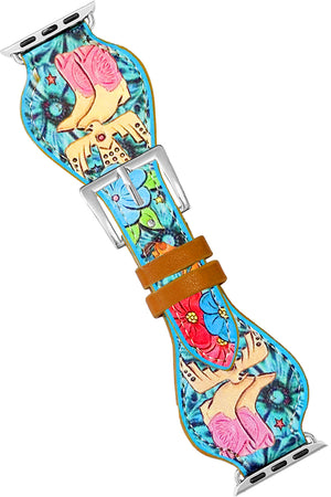 WESTERN BOOTS THUNDERBIRD FLOWER HORSE PRINTED FAUX LEATHER BUCKLE APPLE WATCH BAND