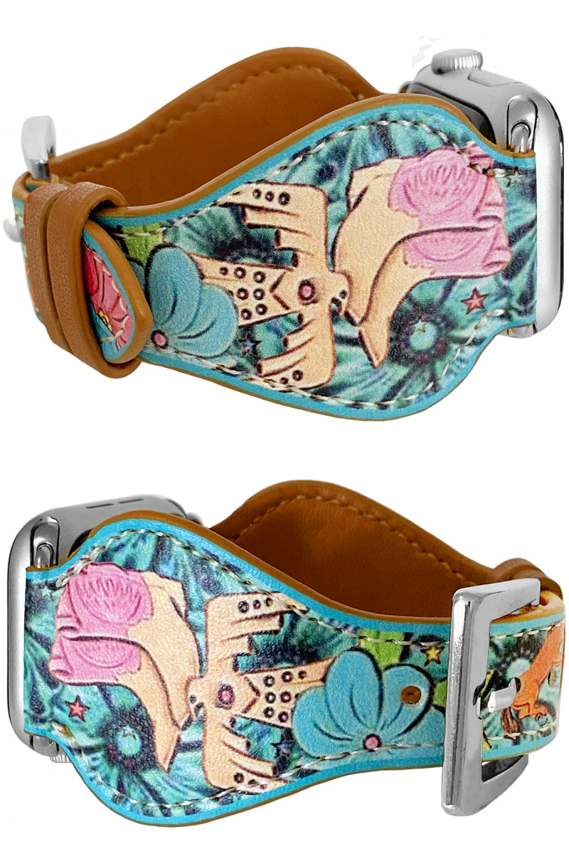 WESTERN BOOTS THUNDERBIRD FLOWER HORSE PRINTED FAUX LEATHER BUCKLE APPLE WATCH BAND