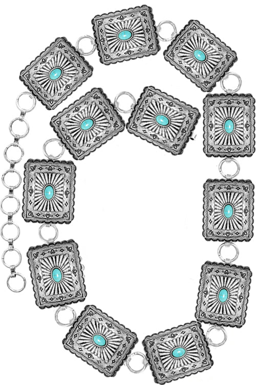 WESTERN CONCHO STYLE AZTEC TEXTURED RECTANGLE SHAPE CASTING WITH GEMSTONE FASHION CHAIN BELT