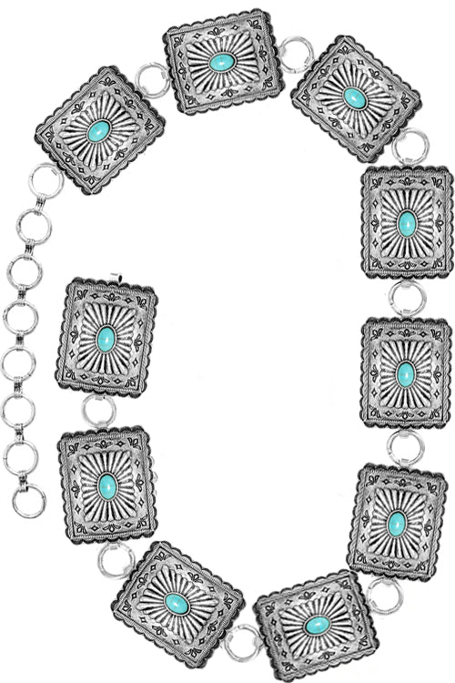 WESTERN CONCHO STYLE AZTEC TEXTURED RECTANGLE SHAPE CASTING WITH GEMSTONE FASHION CHAIN BELT