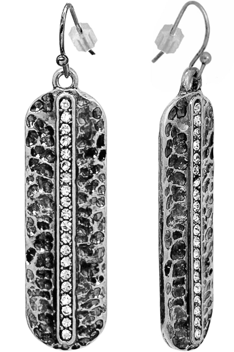 RHINESTONE HAMMERED OVAL BAR DANGLING EARRING