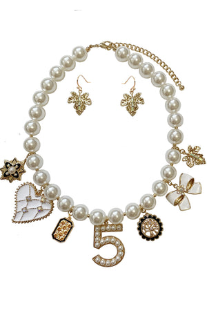 LEAF RIBBON HEART TREE CHARM PEARL NECKLACE SET